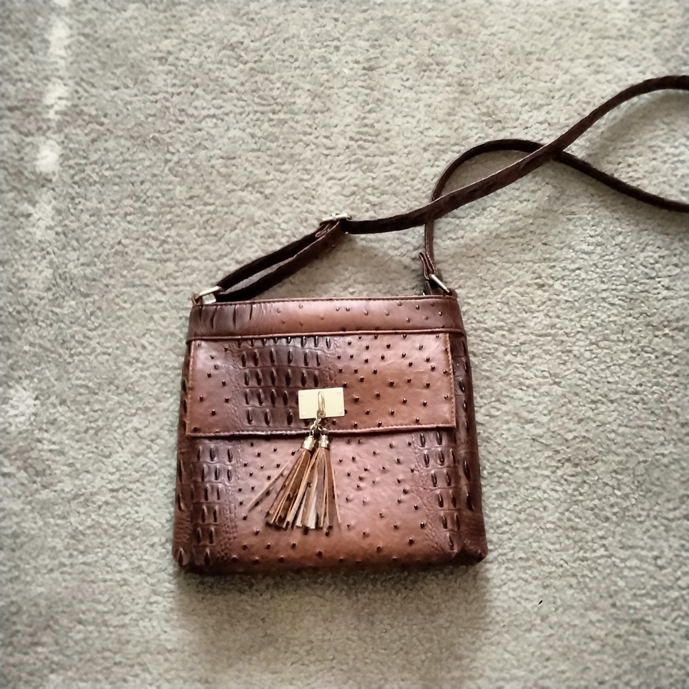 Brown Textured Crossbody Bag with Tassel